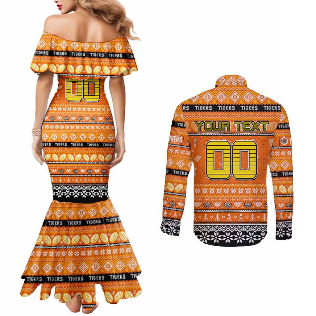 Personalized Tigers Rugby Xmas Couples Matching Mermaid Dress and Long Sleeve Button Shirt Australia NRL Mascot