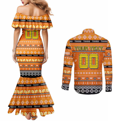 Personalized Tigers Rugby Xmas Couples Matching Mermaid Dress and Long Sleeve Button Shirt Australia NRL Mascot