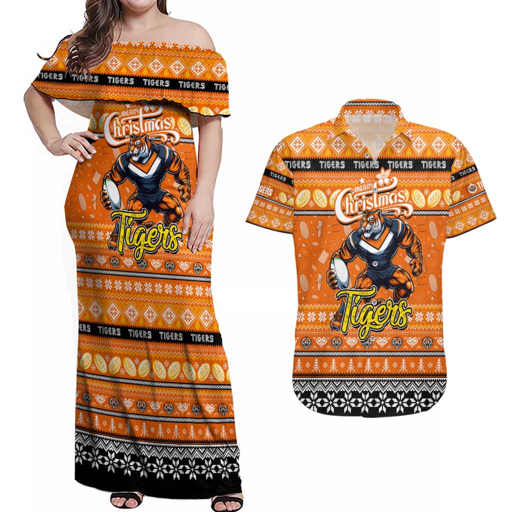 Personalized Tigers Rugby Xmas Couples Matching Off Shoulder Maxi Dress and Hawaiian Shirt Australia NRL Mascot