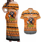 Personalized Tigers Rugby Xmas Couples Matching Off Shoulder Maxi Dress and Hawaiian Shirt Australia NRL Mascot