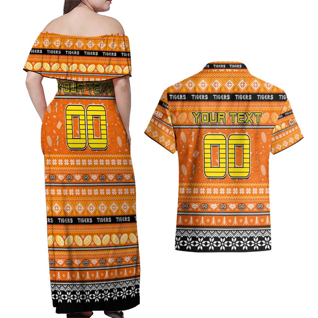 Personalized Tigers Rugby Xmas Couples Matching Off Shoulder Maxi Dress and Hawaiian Shirt Australia NRL Mascot