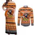 Personalized Tigers Rugby Xmas Couples Matching Off Shoulder Maxi Dress and Long Sleeve Button Shirt Australia NRL Mascot