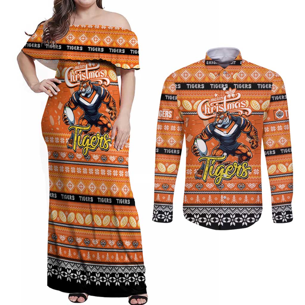 Personalized Tigers Rugby Xmas Couples Matching Off Shoulder Maxi Dress and Long Sleeve Button Shirt Australia NRL Mascot