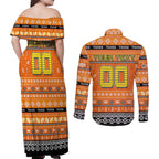 Personalized Tigers Rugby Xmas Couples Matching Off Shoulder Maxi Dress and Long Sleeve Button Shirt Australia NRL Mascot