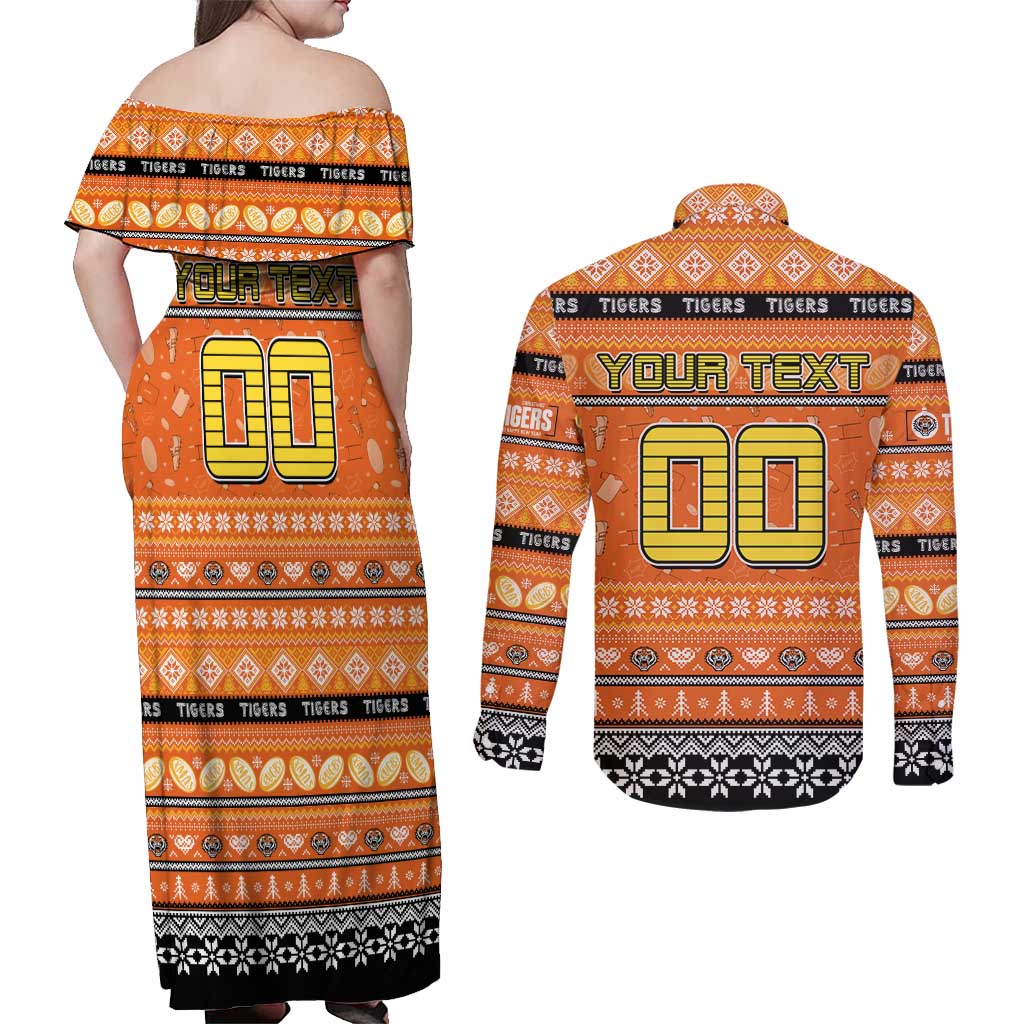 Personalized Tigers Rugby Xmas Couples Matching Off Shoulder Maxi Dress and Long Sleeve Button Shirt Australia NRL Mascot