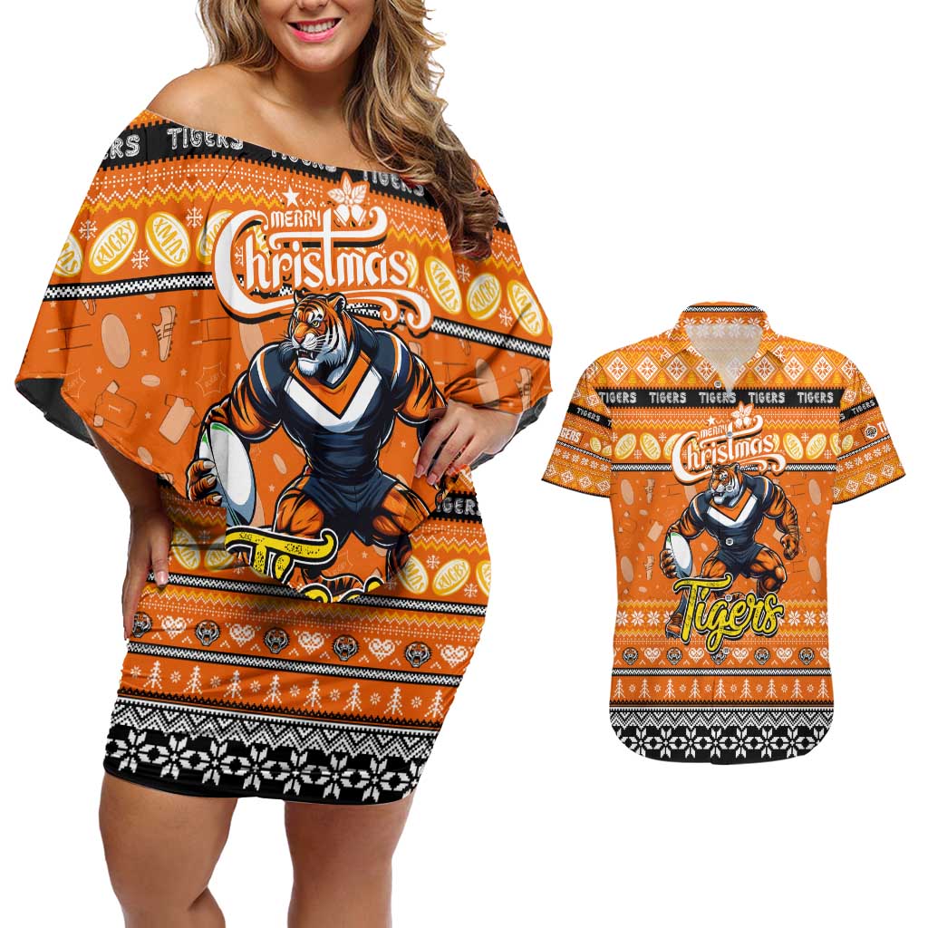 Personalized Tigers Rugby Xmas Couples Matching Off Shoulder Short Dress and Hawaiian Shirt Australia NRL Mascot