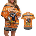 Personalized Tigers Rugby Xmas Couples Matching Off Shoulder Short Dress and Hawaiian Shirt Australia NRL Mascot