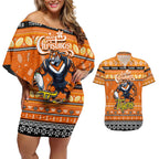 Personalized Tigers Rugby Xmas Couples Matching Off Shoulder Short Dress and Hawaiian Shirt Australia NRL Mascot