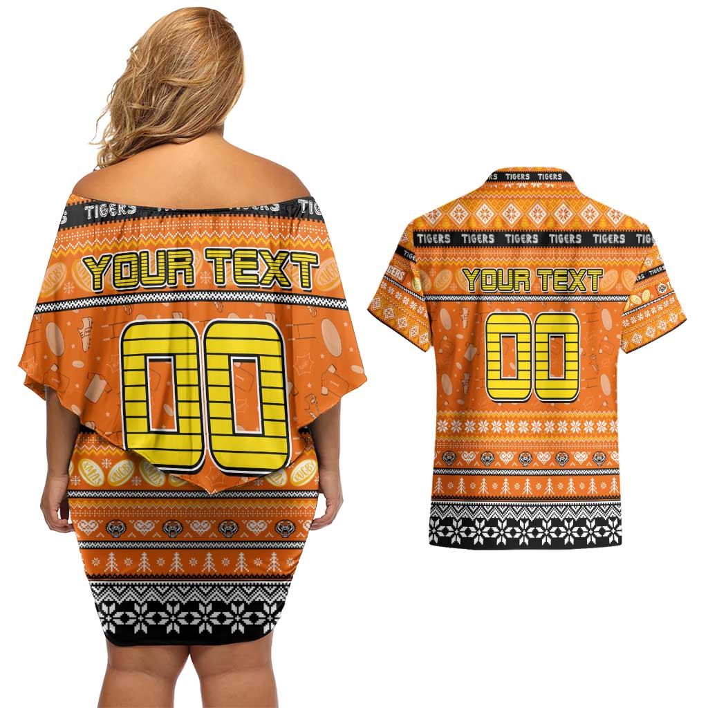 Personalized Tigers Rugby Xmas Couples Matching Off Shoulder Short Dress and Hawaiian Shirt Australia NRL Mascot