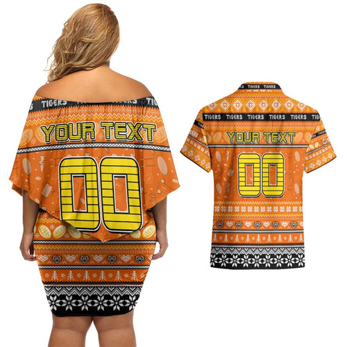Personalized Tigers Rugby Xmas Couples Matching Off Shoulder Short Dress and Hawaiian Shirt Australia NRL Mascot