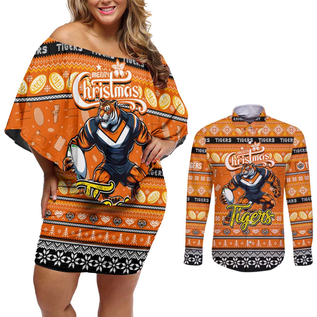 Personalized Tigers Rugby Xmas Couples Matching Off Shoulder Short Dress and Long Sleeve Button Shirt Australia NRL Mascot