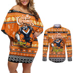Personalized Tigers Rugby Xmas Couples Matching Off Shoulder Short Dress and Long Sleeve Button Shirt Australia NRL Mascot
