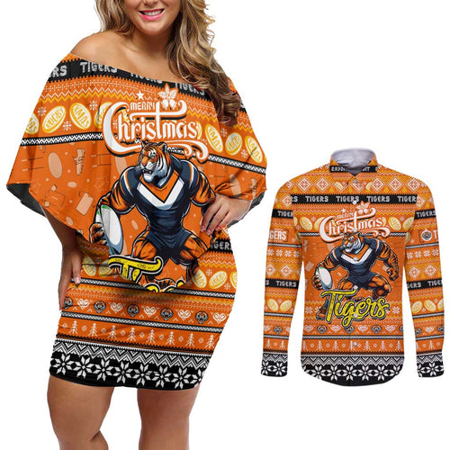 Personalized Tigers Rugby Xmas Couples Matching Off Shoulder Short Dress and Long Sleeve Button Shirt Australia NRL Mascot