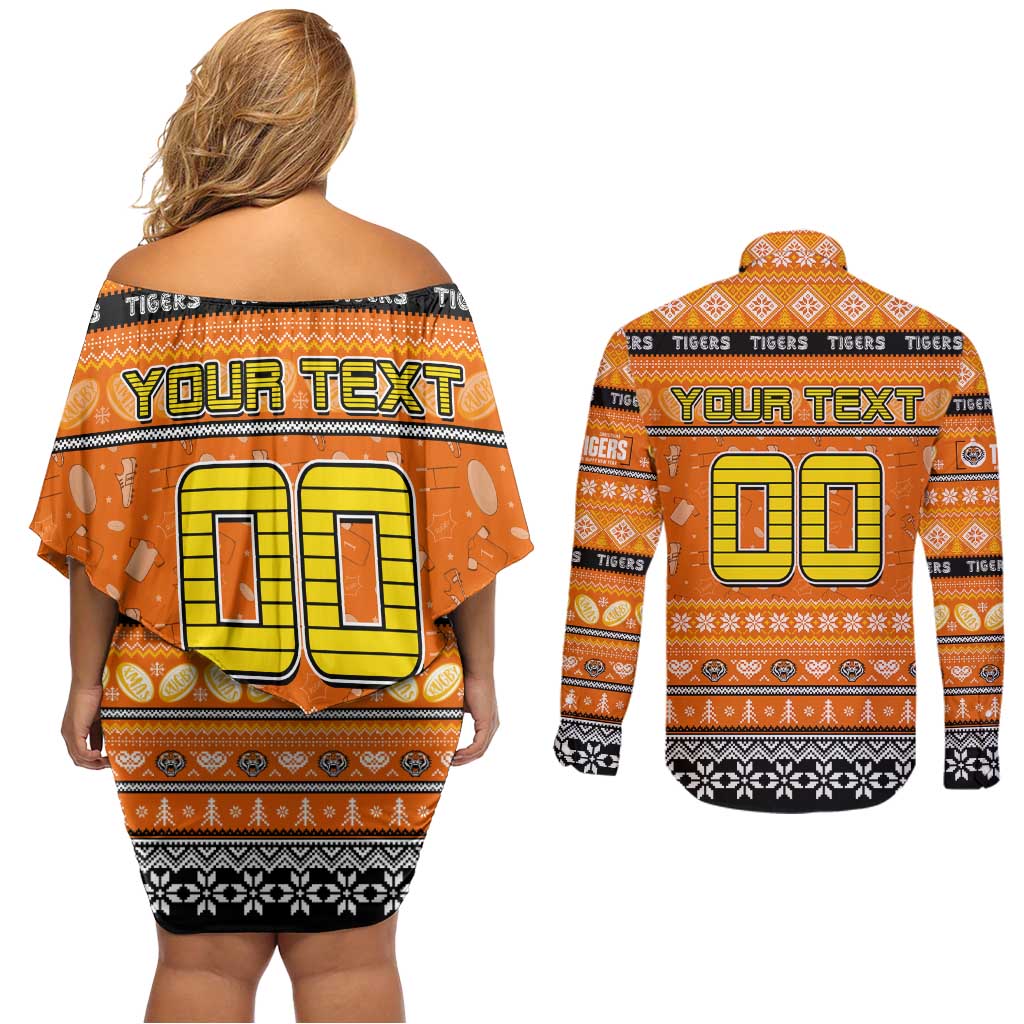 Personalized Tigers Rugby Xmas Couples Matching Off Shoulder Short Dress and Long Sleeve Button Shirt Australia NRL Mascot