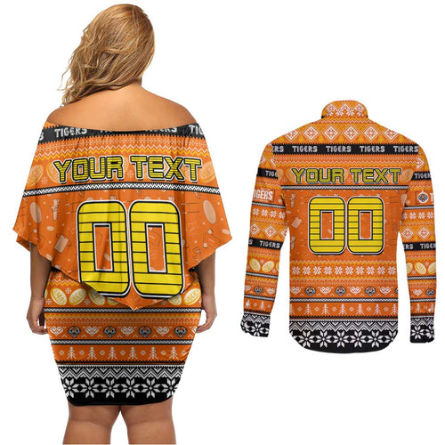Personalized Tigers Rugby Xmas Couples Matching Off Shoulder Short Dress and Long Sleeve Button Shirt Australia NRL Mascot