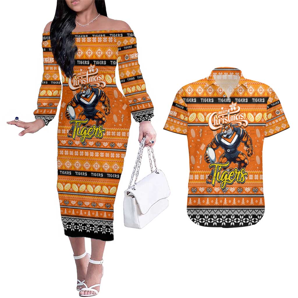 Personalized Tigers Rugby Xmas Couples Matching Off The Shoulder Long Sleeve Dress and Hawaiian Shirt Australia NRL Mascot