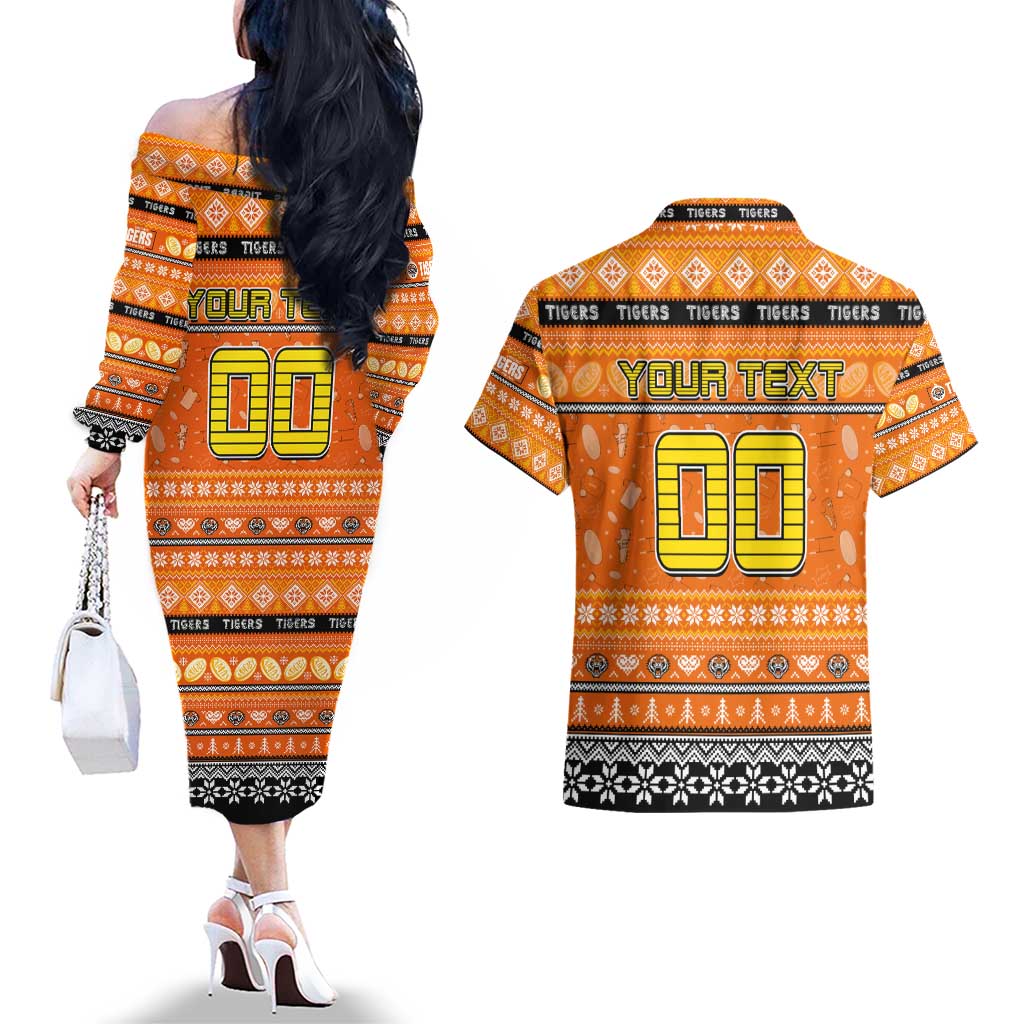 Personalized Tigers Rugby Xmas Couples Matching Off The Shoulder Long Sleeve Dress and Hawaiian Shirt Australia NRL Mascot