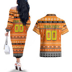Personalized Tigers Rugby Xmas Couples Matching Off The Shoulder Long Sleeve Dress and Hawaiian Shirt Australia NRL Mascot
