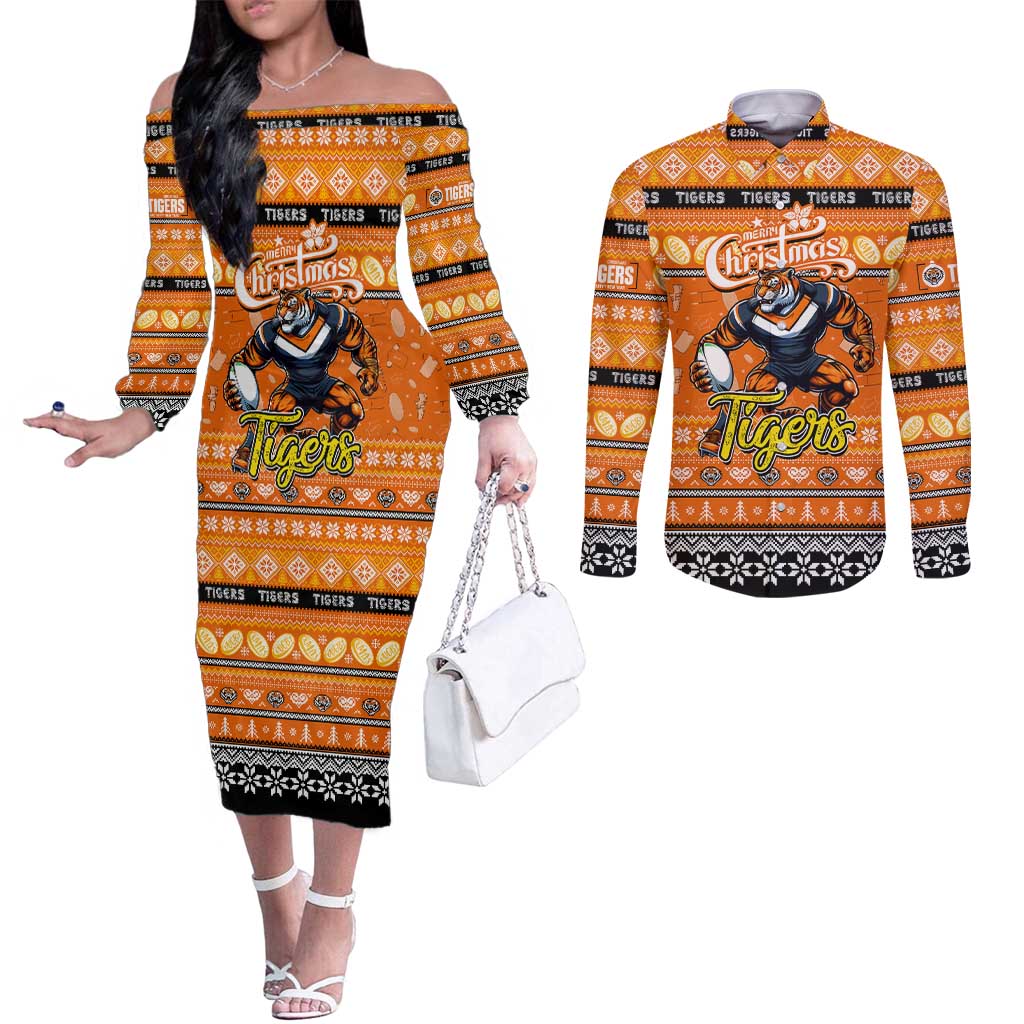 Personalized Tigers Rugby Xmas Couples Matching Off The Shoulder Long Sleeve Dress and Long Sleeve Button Shirt Australia NRL Mascot