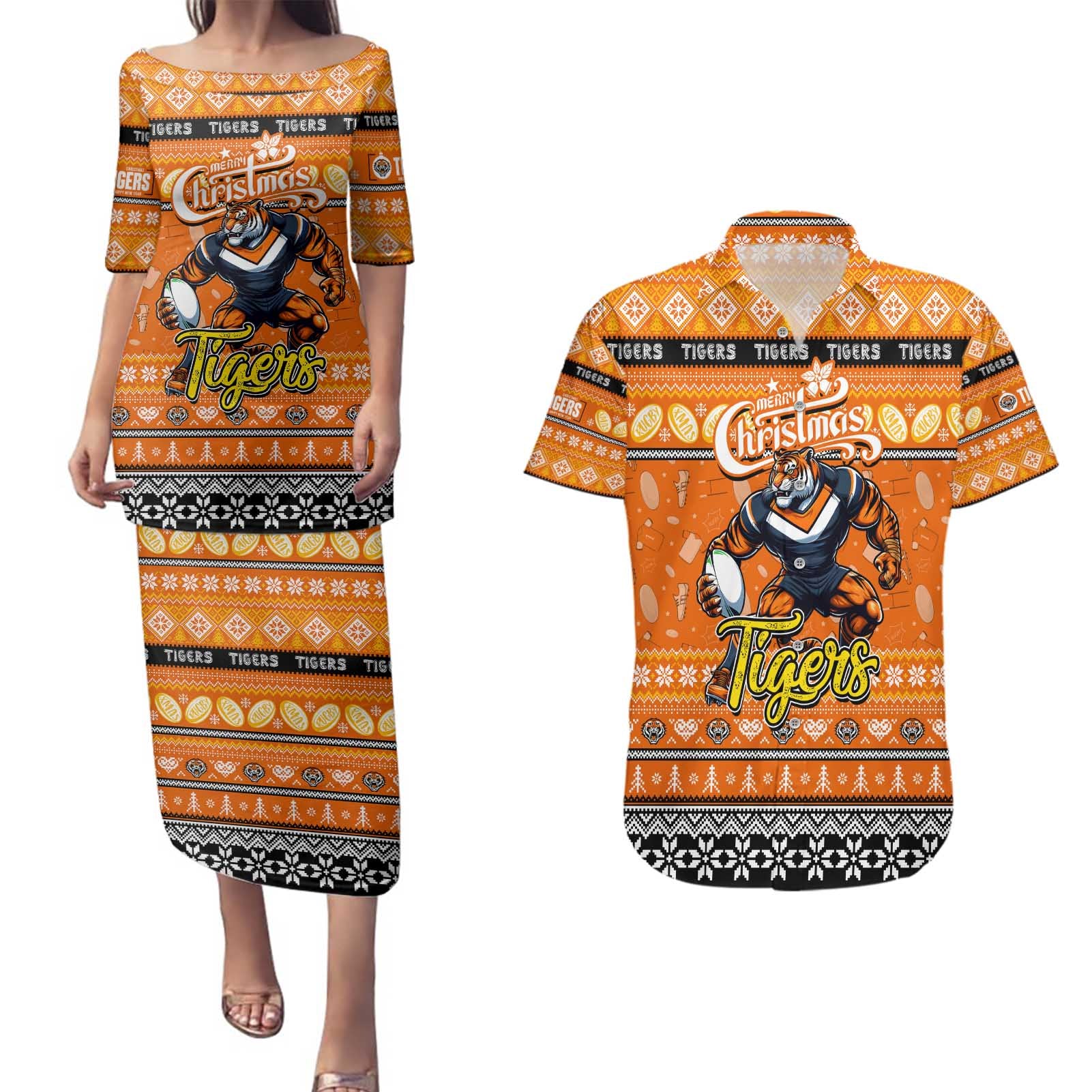 Personalized Tigers Rugby Xmas Couples Matching Puletasi and Hawaiian Shirt Australia NRL Mascot
