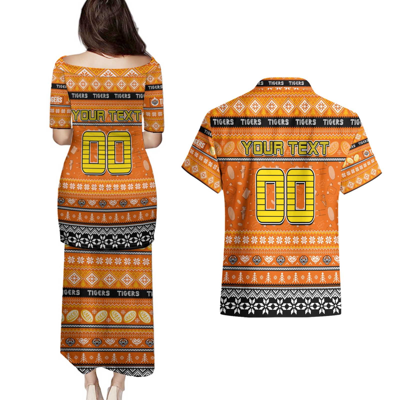 Personalized Tigers Rugby Xmas Couples Matching Puletasi and Hawaiian Shirt Australia NRL Mascot