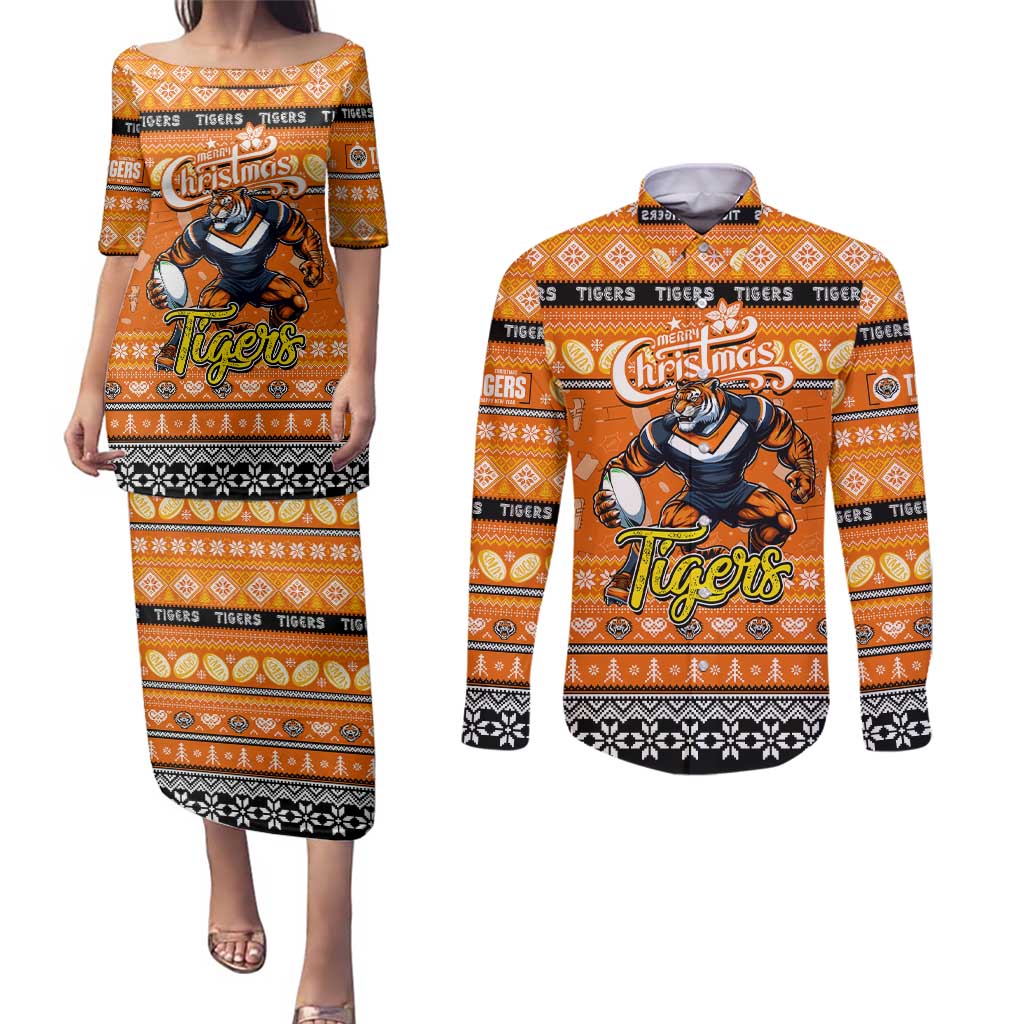 Personalized Tigers Rugby Xmas Couples Matching Puletasi and Long Sleeve Button Shirt Australia NRL Mascot