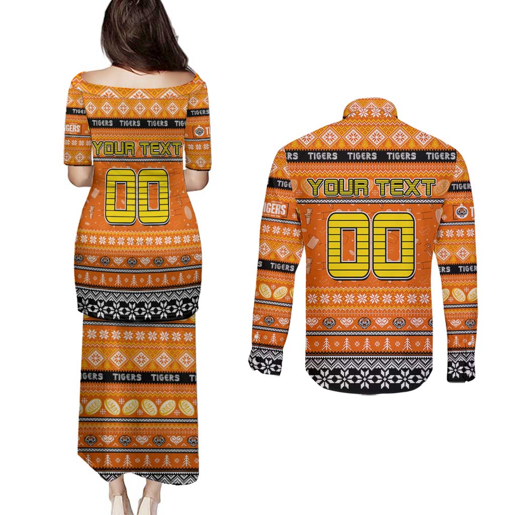 Personalized Tigers Rugby Xmas Couples Matching Puletasi and Long Sleeve Button Shirt Australia NRL Mascot