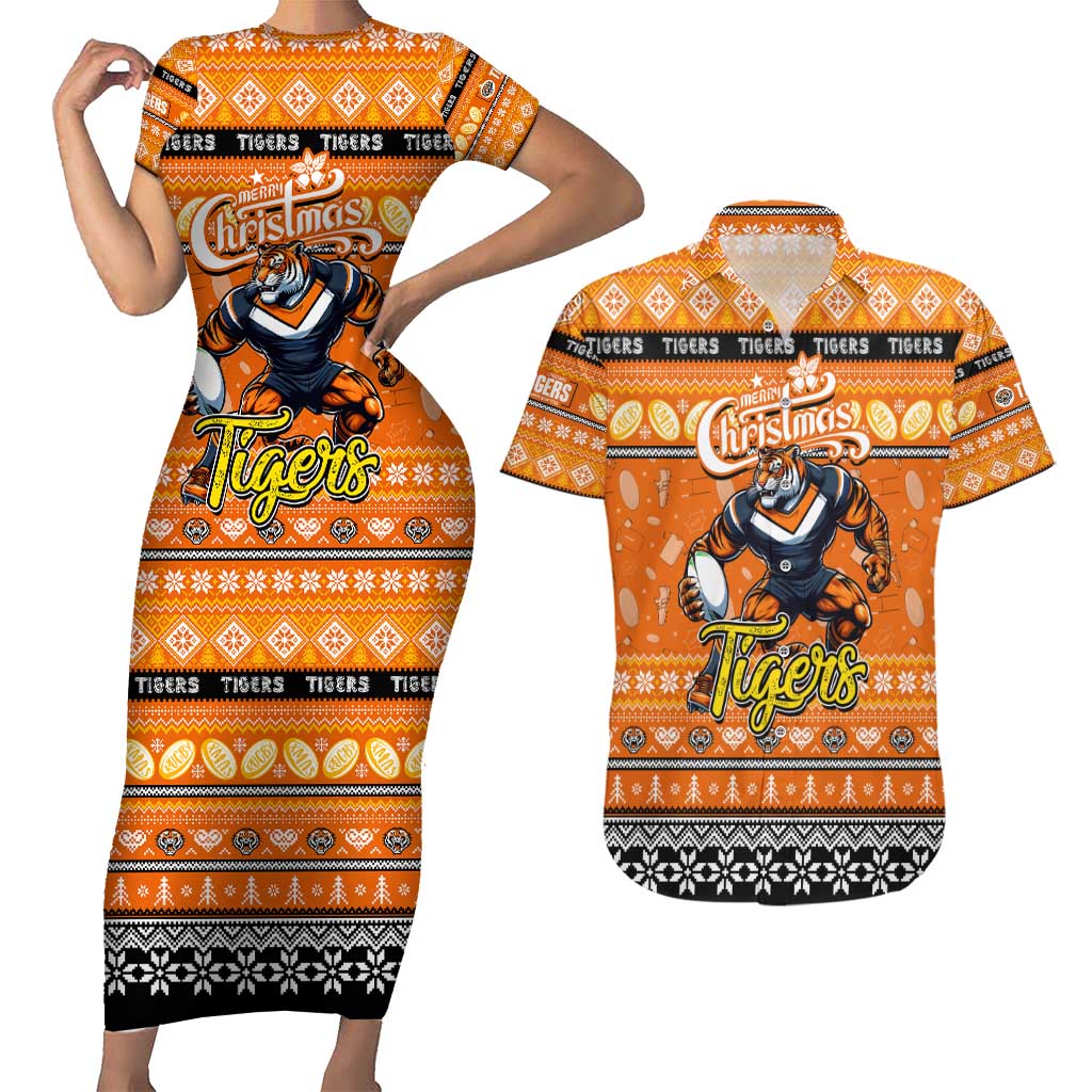 Personalized Tigers Rugby Xmas Couples Matching Short Sleeve Bodycon Dress and Hawaiian Shirt Australia NRL Mascot