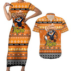 Personalized Tigers Rugby Xmas Couples Matching Short Sleeve Bodycon Dress and Hawaiian Shirt Australia NRL Mascot
