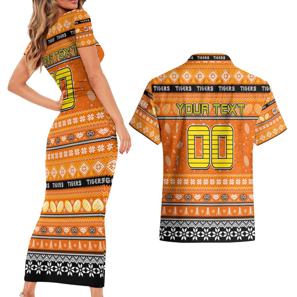 Personalized Tigers Rugby Xmas Couples Matching Short Sleeve Bodycon Dress and Hawaiian Shirt Australia NRL Mascot