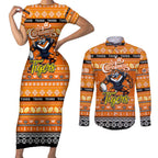Personalized Tigers Rugby Xmas Couples Matching Short Sleeve Bodycon Dress and Long Sleeve Button Shirt Australia NRL Mascot