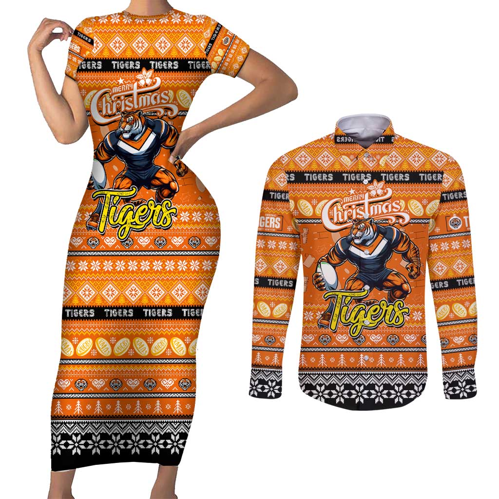 Personalized Tigers Rugby Xmas Couples Matching Short Sleeve Bodycon Dress and Long Sleeve Button Shirt Australia NRL Mascot