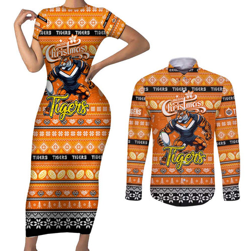Personalized Tigers Rugby Xmas Couples Matching Short Sleeve Bodycon Dress and Long Sleeve Button Shirt Australia NRL Mascot