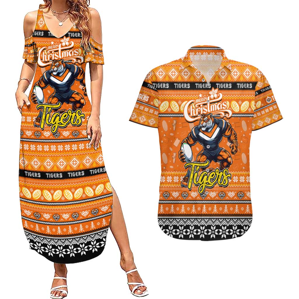 Personalized Tigers Rugby Xmas Couples Matching Summer Maxi Dress and Hawaiian Shirt Australia NRL Mascot