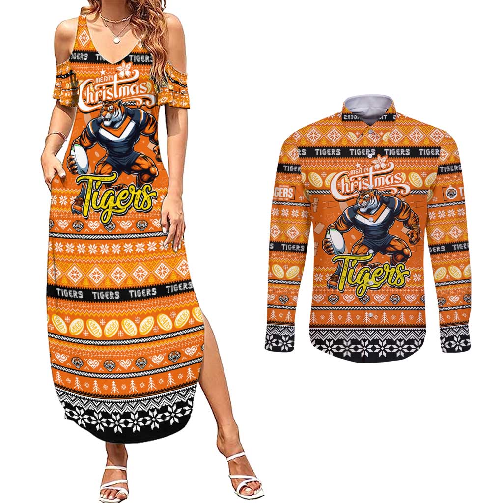 Personalized Tigers Rugby Xmas Couples Matching Summer Maxi Dress and Long Sleeve Button Shirt Australia NRL Mascot