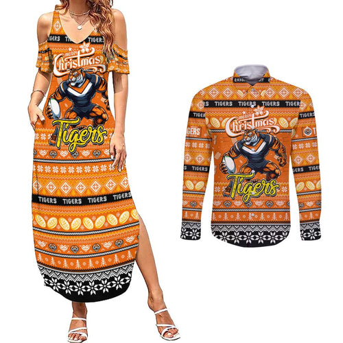 Personalized Tigers Rugby Xmas Couples Matching Summer Maxi Dress and Long Sleeve Button Shirt Australia NRL Mascot