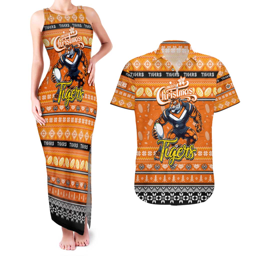 Personalized Tigers Rugby Xmas Couples Matching Tank Maxi Dress and Hawaiian Shirt Australia NRL Mascot