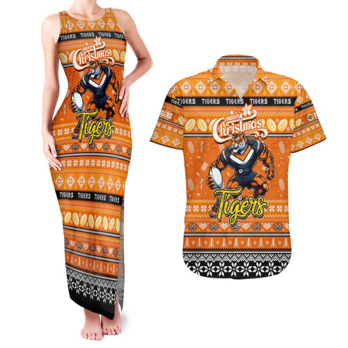 Personalized Tigers Rugby Xmas Couples Matching Tank Maxi Dress and Hawaiian Shirt Australia NRL Mascot
