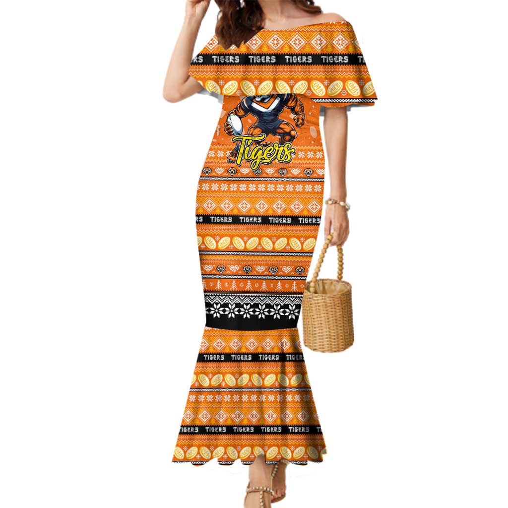 Personalized Tigers Rugby Xmas Family Matching Mermaid Dress and Hawaiian Shirt Australia NRL Mascot