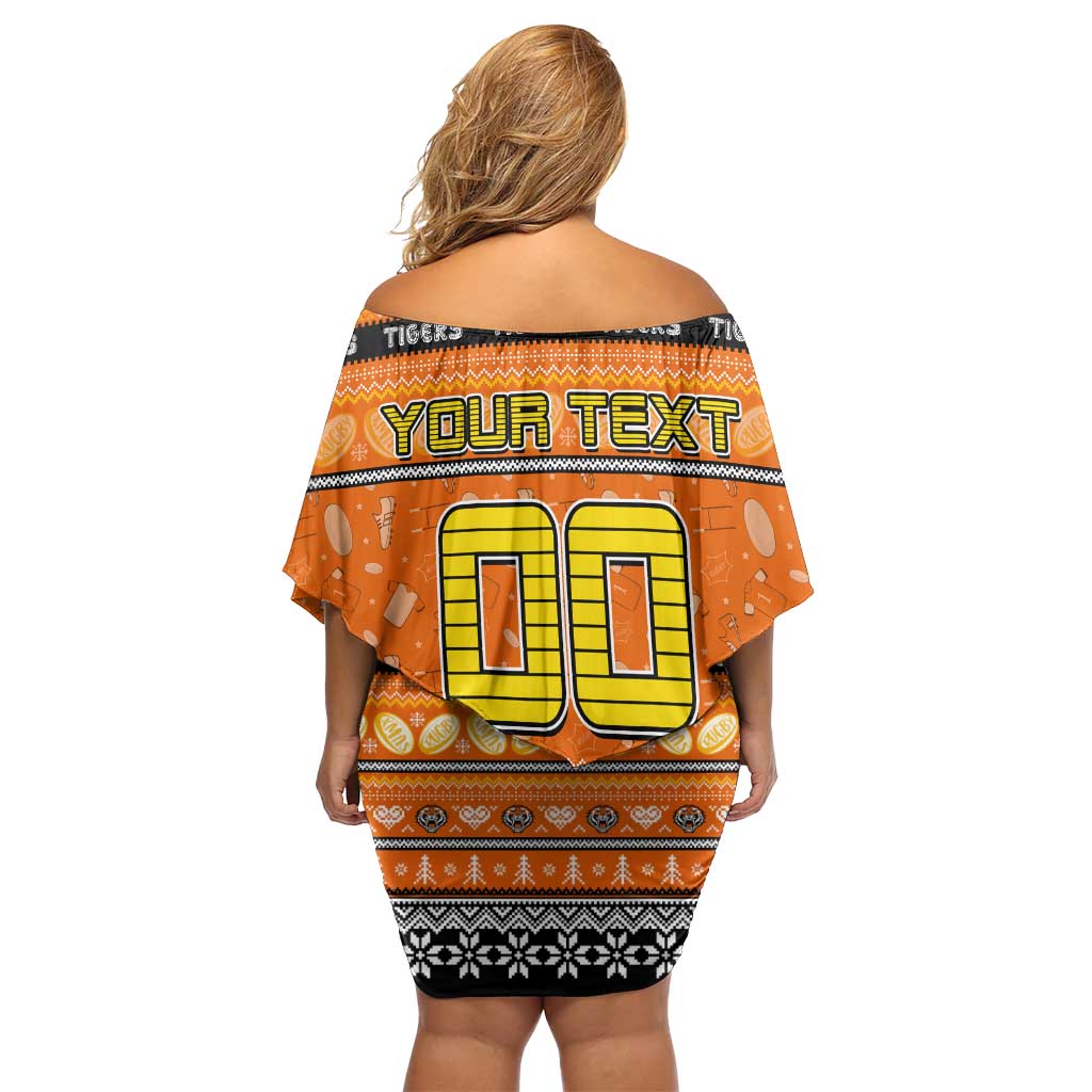 Personalized Tigers Rugby Xmas Family Matching Off Shoulder Short Dress and Hawaiian Shirt Australia NRL Mascot