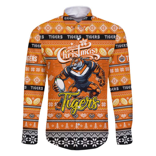 Personalized Tigers Rugby Xmas Family Matching Short Sleeve Bodycon Dress and Hawaiian Shirt Australia NRL Mascot