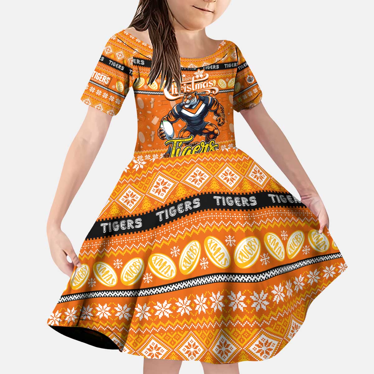 Personalized Tigers Rugby Xmas Kid Short Sleeve Dress Australia NRL Mascot