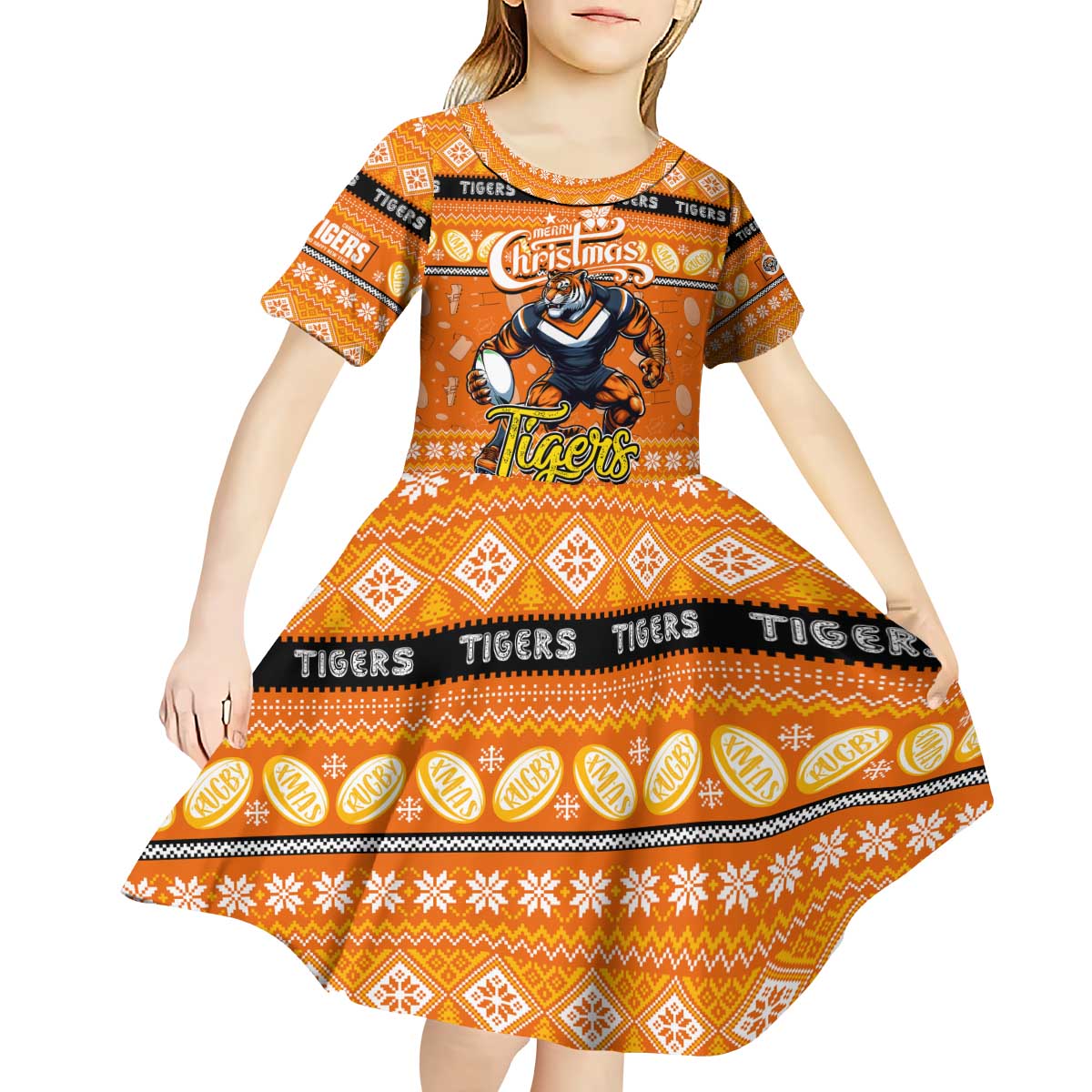 Personalized Tigers Rugby Xmas Kid Short Sleeve Dress Australia NRL Mascot