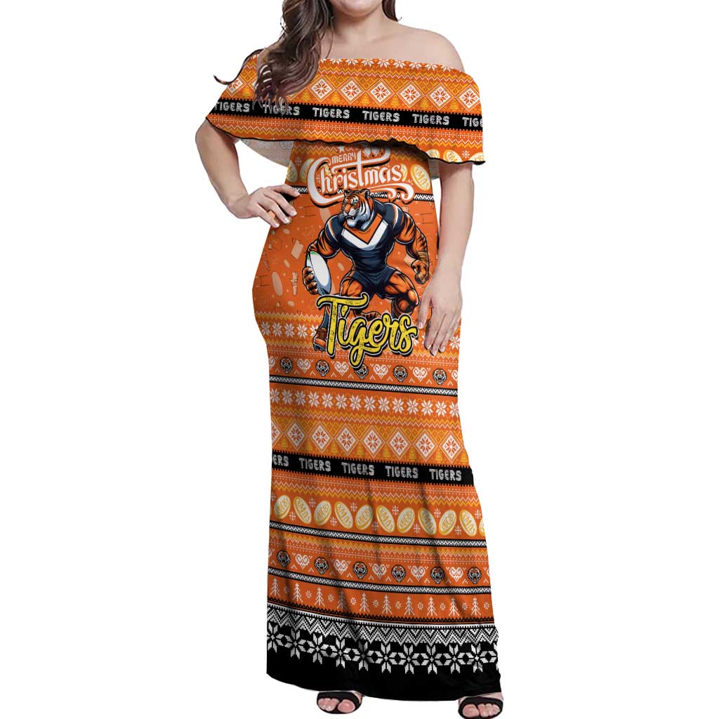Personalized Tigers Rugby Xmas Off Shoulder Maxi Dress Australia NRL Mascot