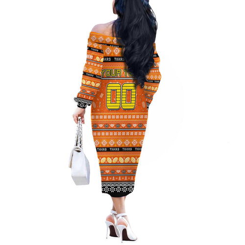 Personalized Tigers Rugby Xmas Off The Shoulder Long Sleeve Dress Australia NRL Mascot