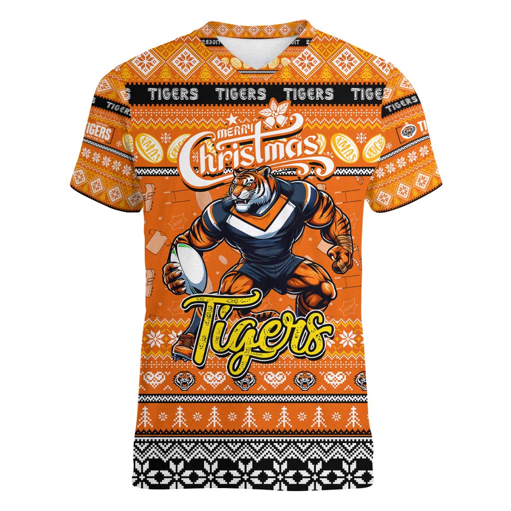 Personalized Tigers Rugby Xmas Women V-Neck T-Shirt Australia NRL Mascot
