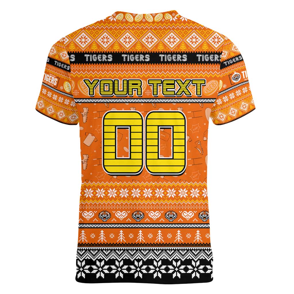 Personalized Tigers Rugby Xmas Women V-Neck T-Shirt Australia NRL Mascot