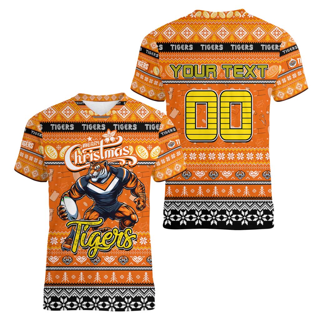 Personalized Tigers Rugby Xmas Women V-Neck T-Shirt Australia NRL Mascot