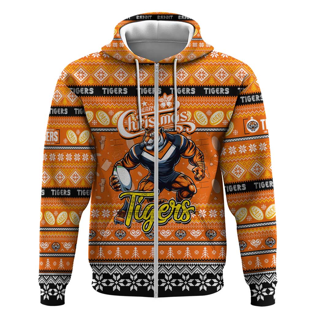 Personalized Tigers Rugby Xmas Zip Hoodie Australia NRL Mascot