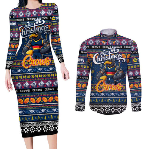 Personalized Crows Rugby Xmas Couples Matching Long Sleeve Bodycon Dress and Long Sleeve Button Shirt Australia AFL Mascot
